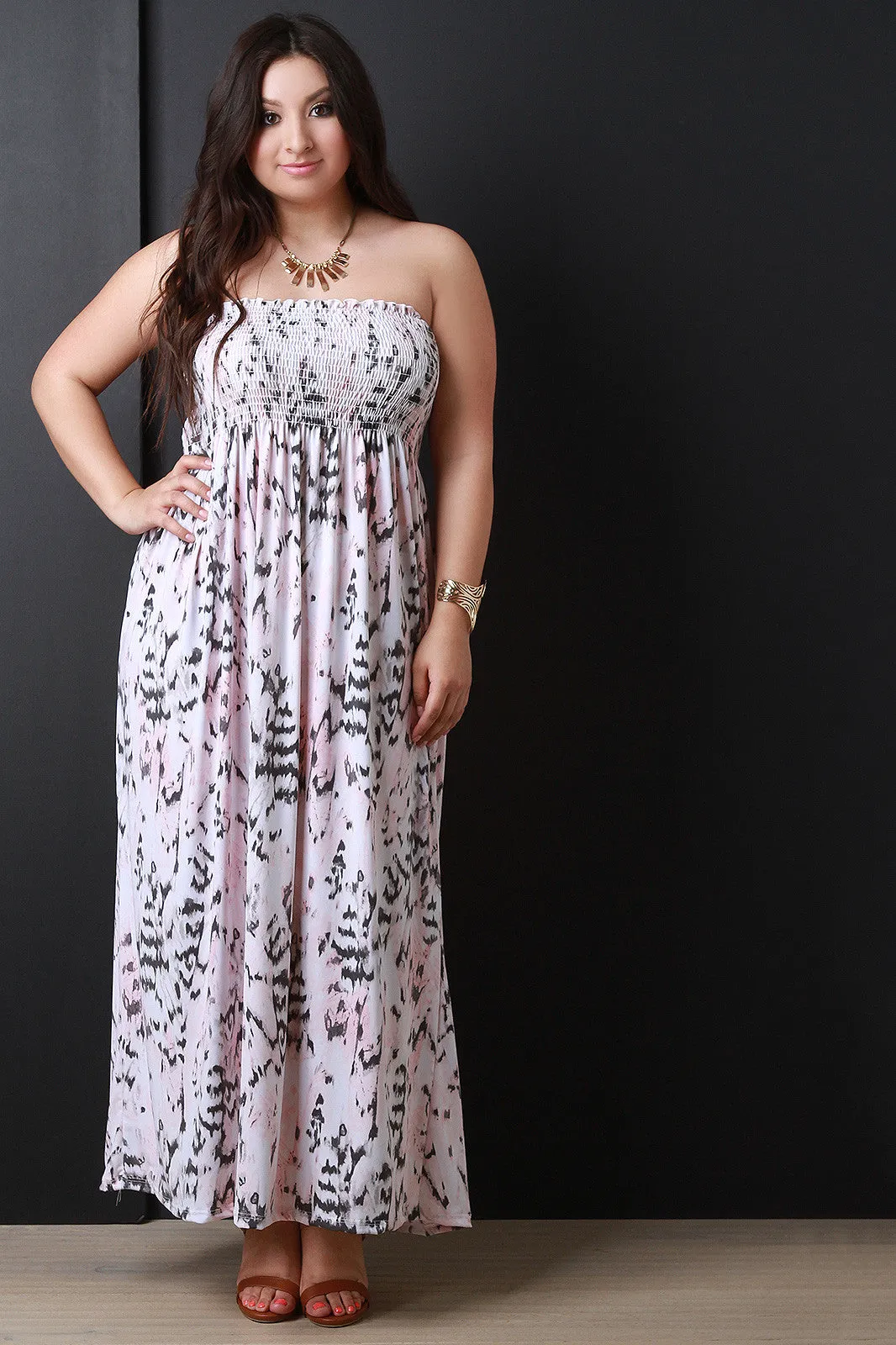 Abstract Empire Waist Strapless Maxi Dress