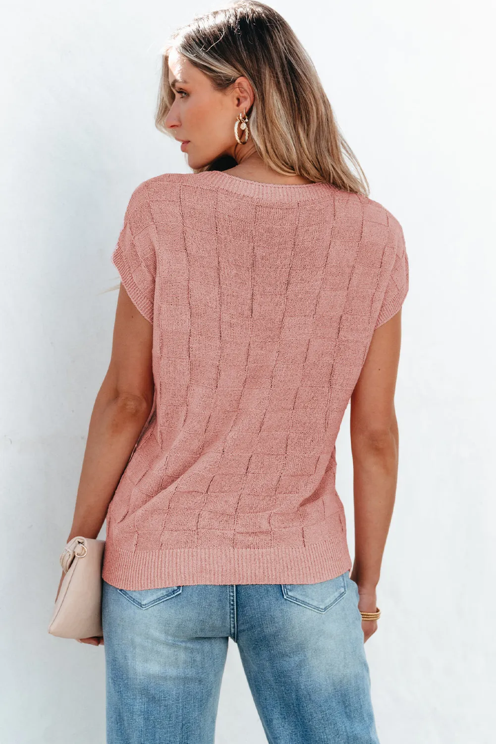 Andrea Lattice Textured Knit Short Sleeve Sweater