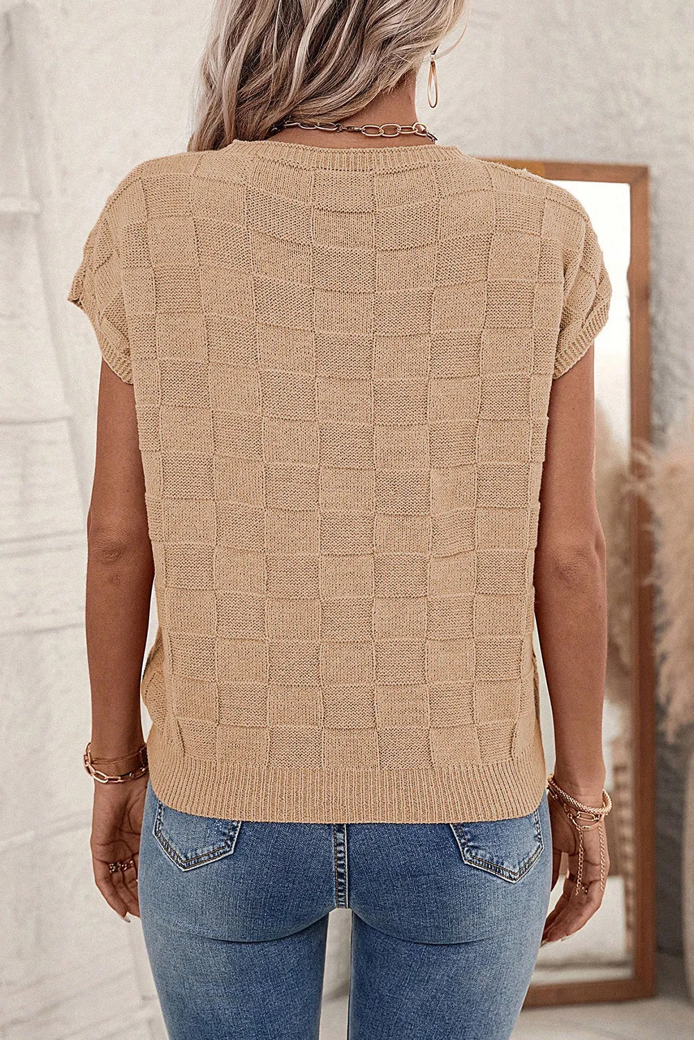 Andrea Lattice Textured Knit Short Sleeve Sweater