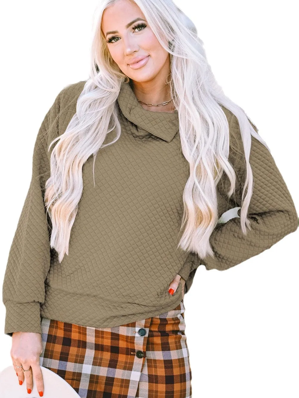 Apricot Quilted Stand Neck Button Detail Pullover Sweatshirt