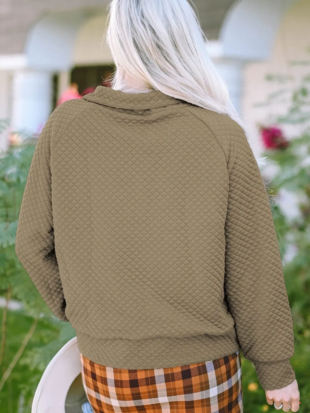 Apricot Quilted Stand Neck Button Detail Pullover Sweatshirt