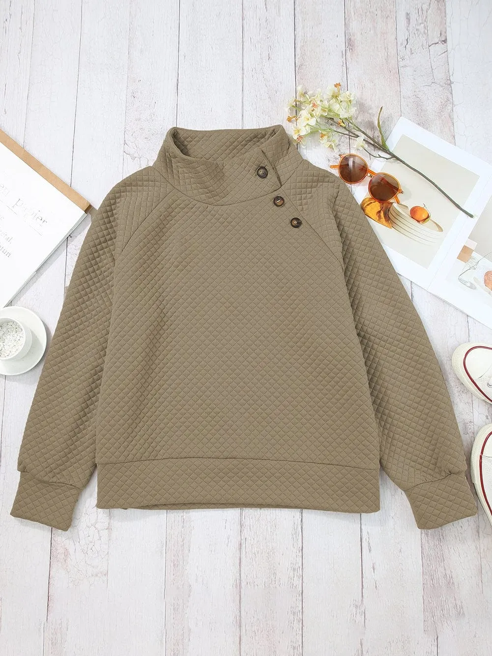 Apricot Quilted Stand Neck Button Detail Pullover Sweatshirt