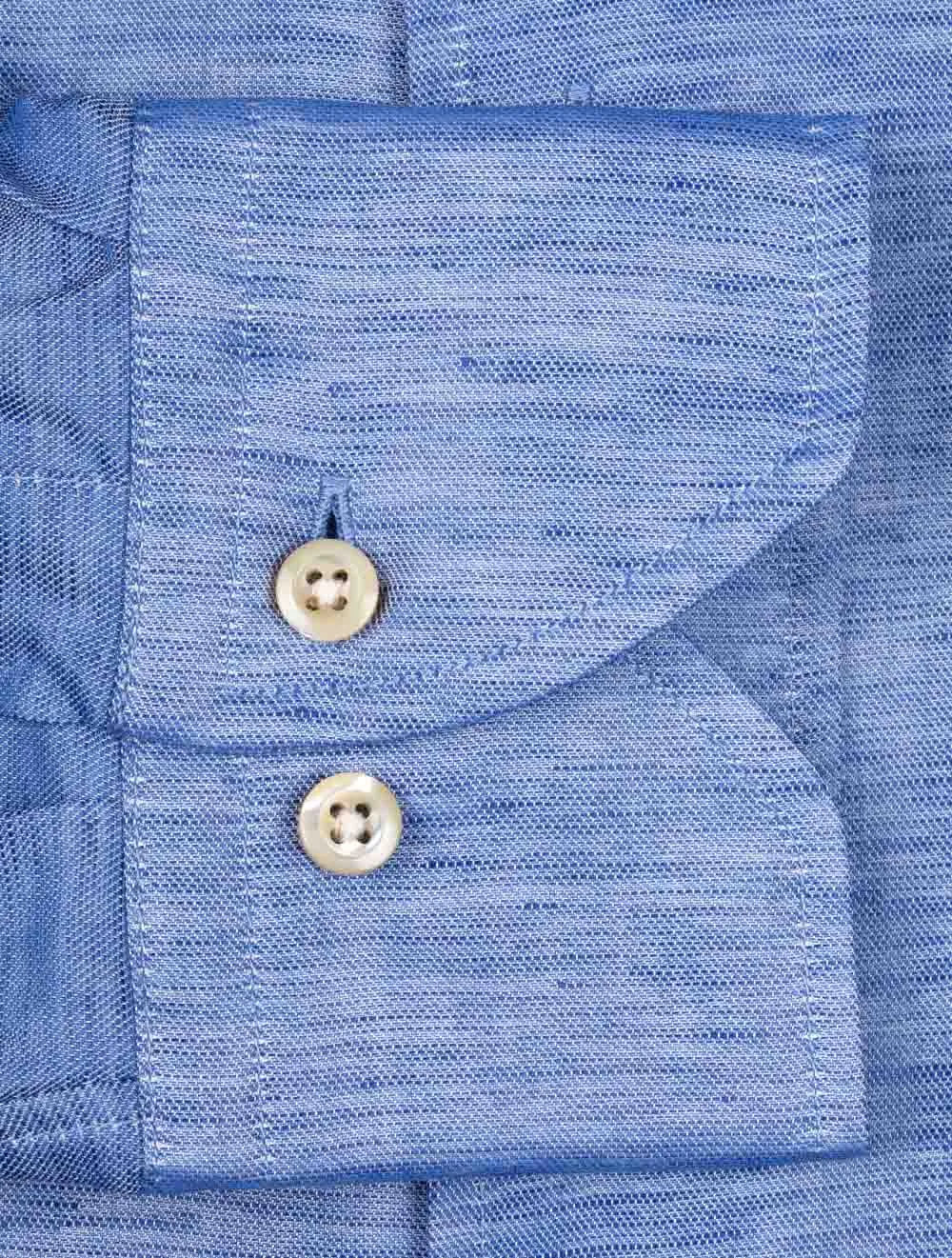 Blue Cotton Linen Blend Fitted Shirt