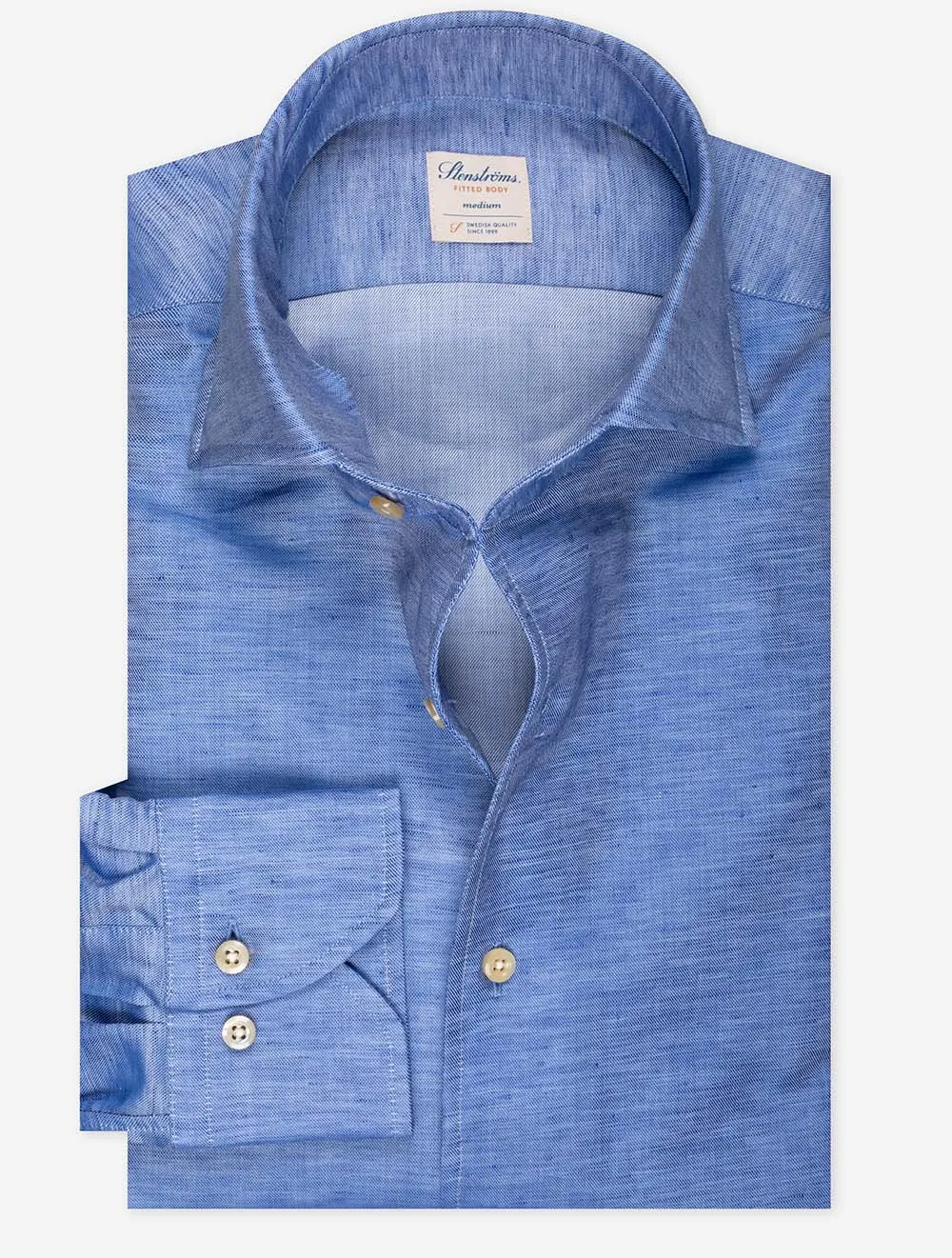 Blue Cotton Linen Blend Fitted Shirt