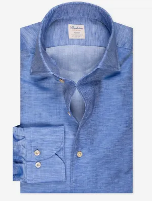 Blue Cotton Linen Blend Fitted Shirt