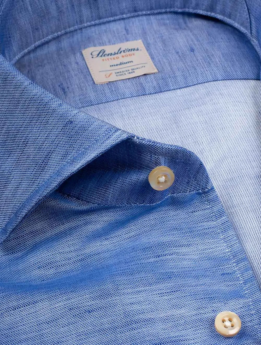 Blue Cotton Linen Blend Fitted Shirt