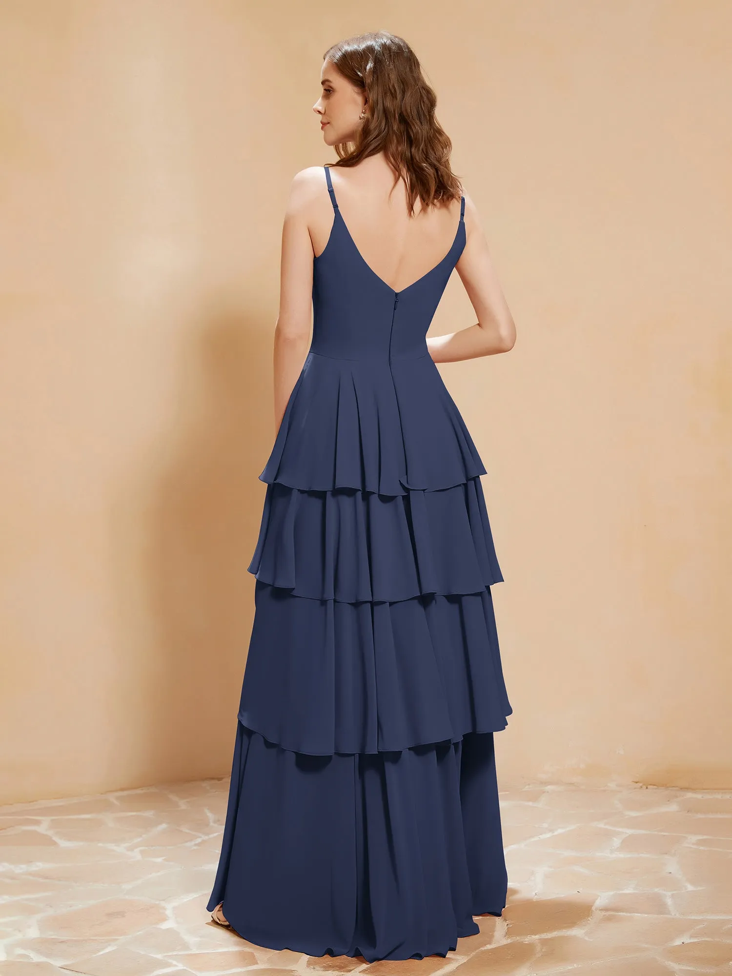 Boho V-neck Floor-length Dress Flowy Ruffles Dark Navy