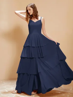 Boho V-neck Floor-length Dress Flowy Ruffles Dark Navy