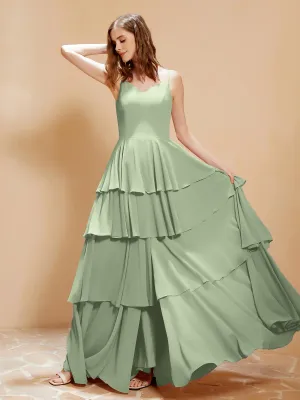 Boho V-neck Floor-length Dress Flowy Ruffles Dusty Sage