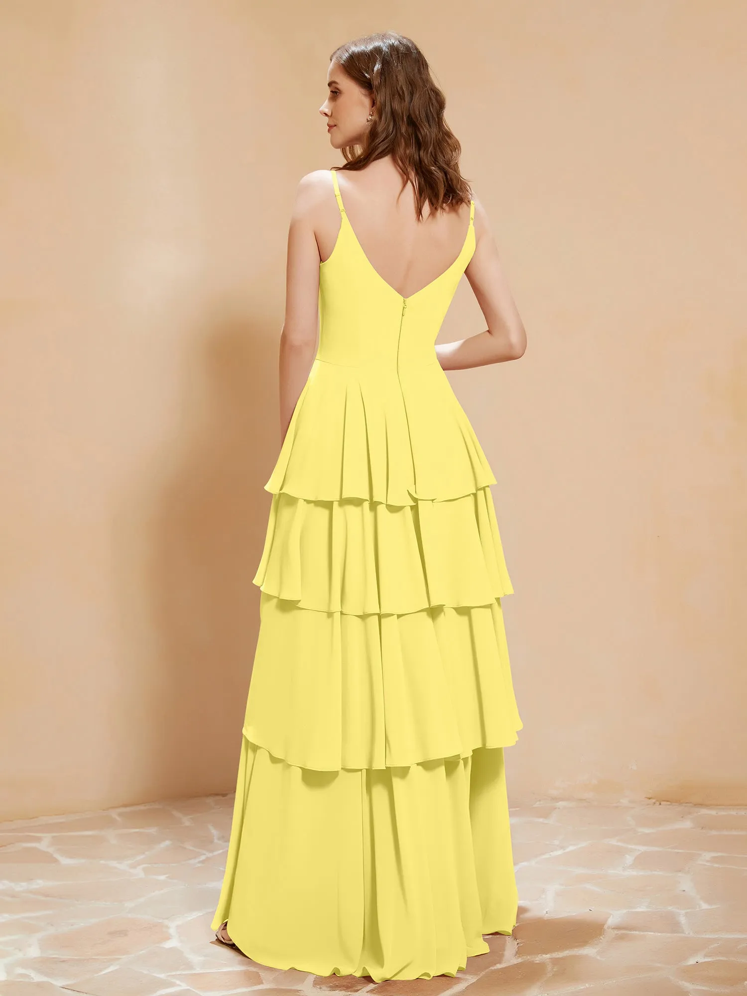 Boho V-neck Floor-length Dress Flowy Ruffles Lemon