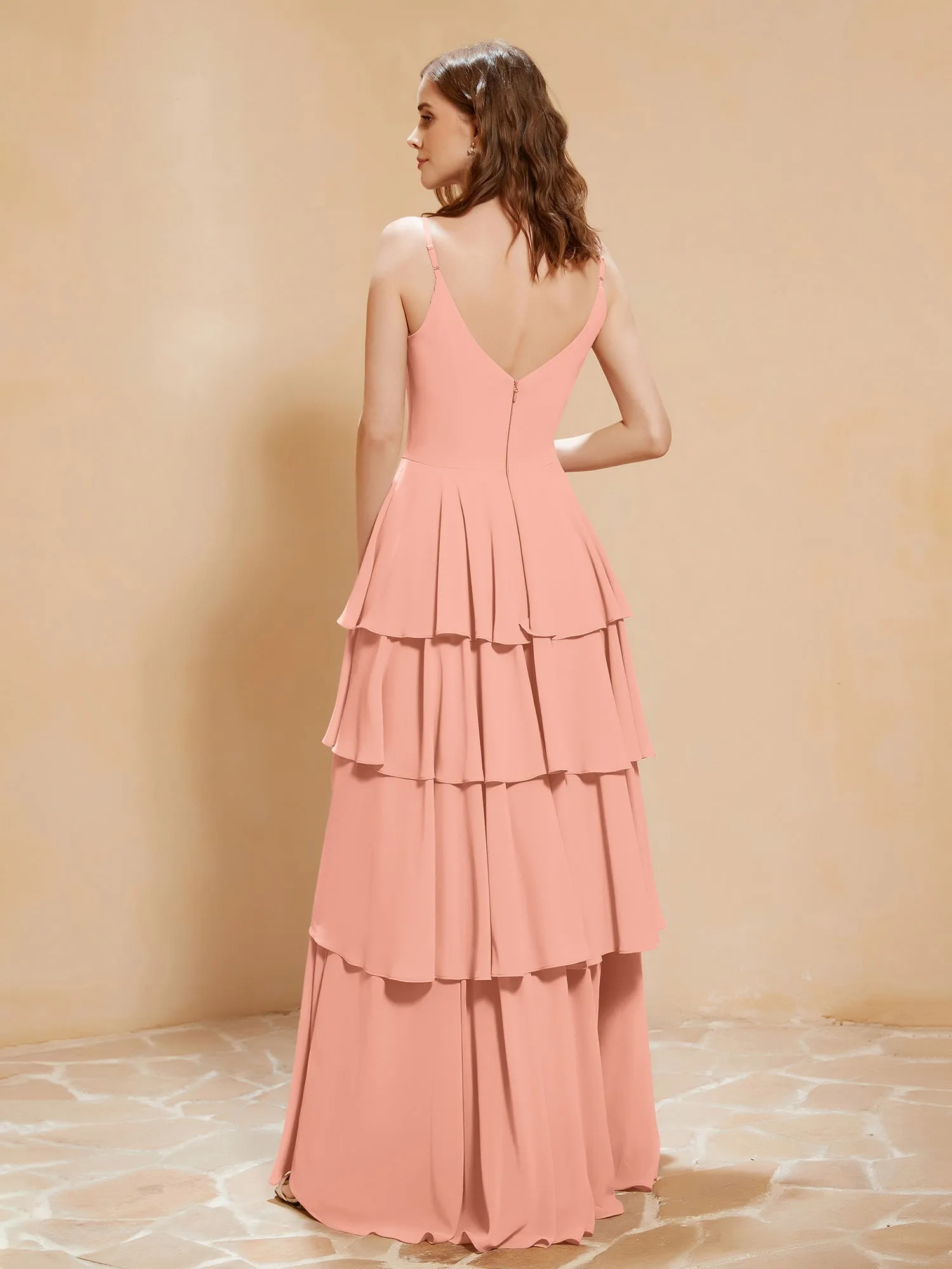 Boho V-neck Floor-length Dress Flowy Ruffles Papaya