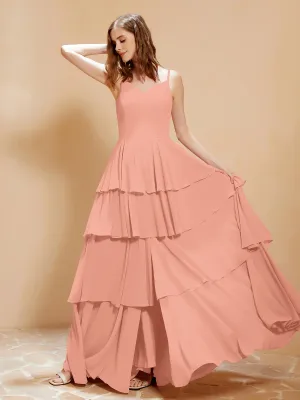 Boho V-neck Floor-length Dress Flowy Ruffles Papaya