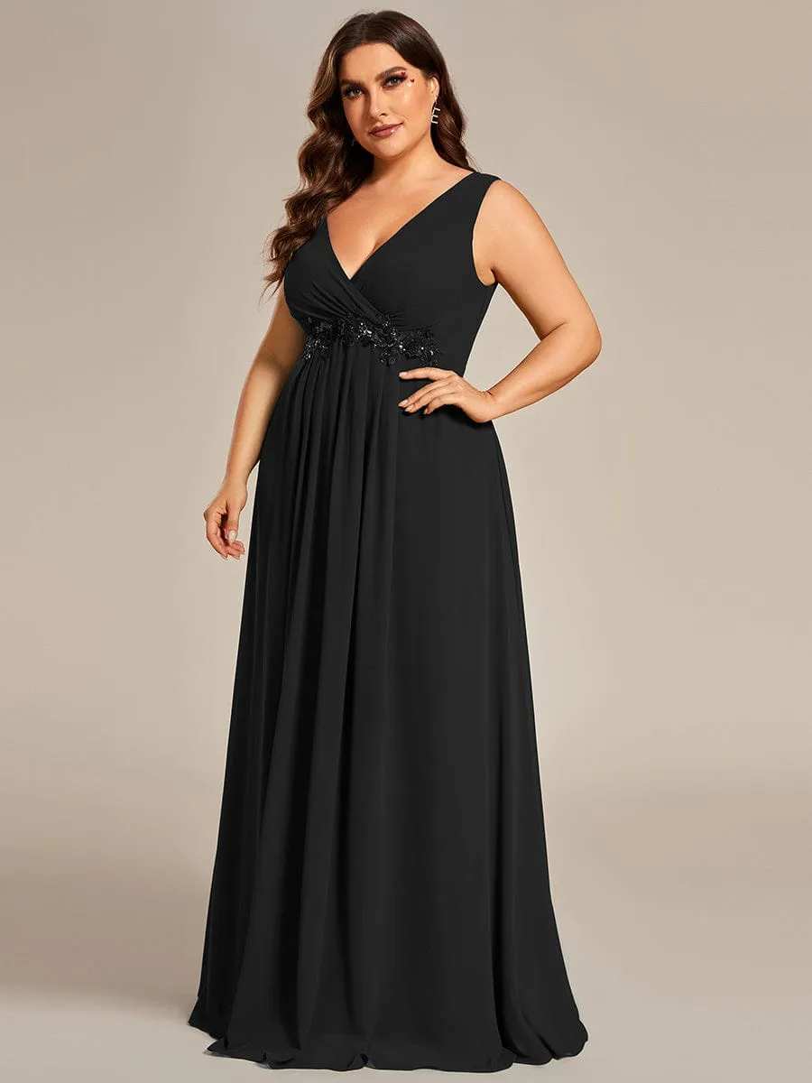 Brave Iris | Plus Size Floral Applique Sleeveless Chiffon Formal Evening Dress