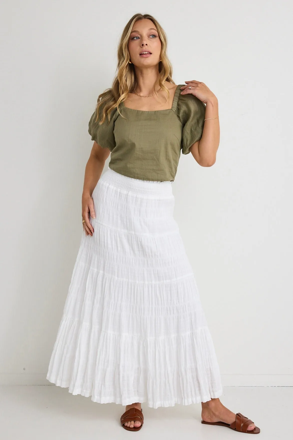 Charming White Cotton Shirred Tiered Maxi Skirt