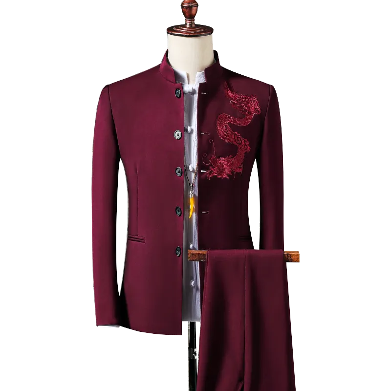 Classic Men Wedding Banquet Suit 2 Piece Set Black Wine Red Navy Blue Chinese Style Stand-up Collar Blazers Jacket and Pants