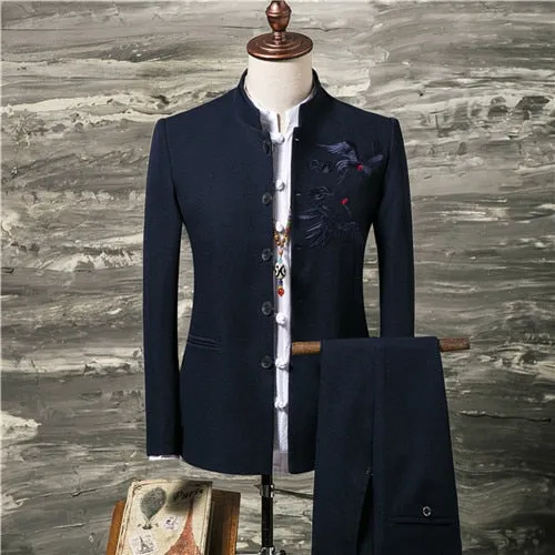 Classic Men Wedding Banquet Suit 2 Piece Set Black Wine Red Navy Blue Chinese Style Stand-up Collar Blazers Jacket and Pants