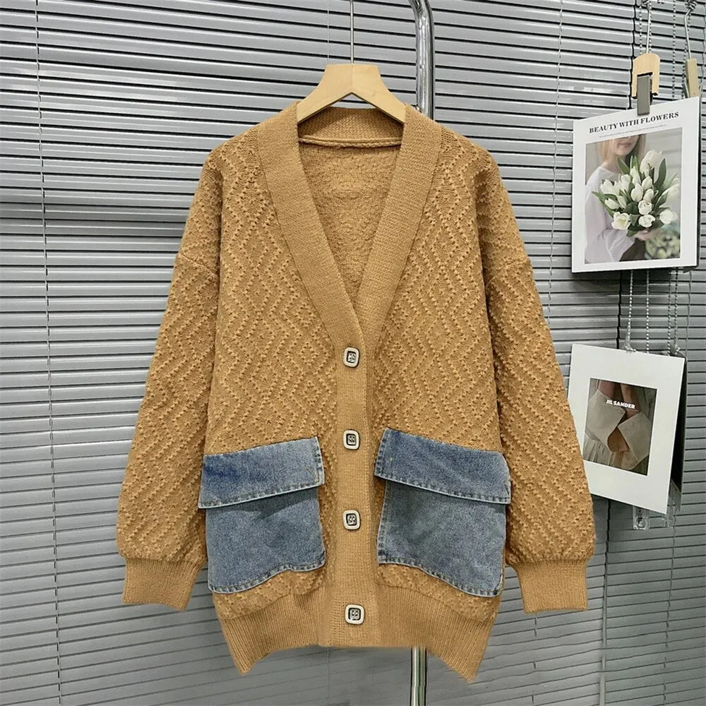 Colorblock Patchwork Pockets Kniting Sweaters For Women V Neck Long Sleeve Spliced Single Breasted Sweater Female