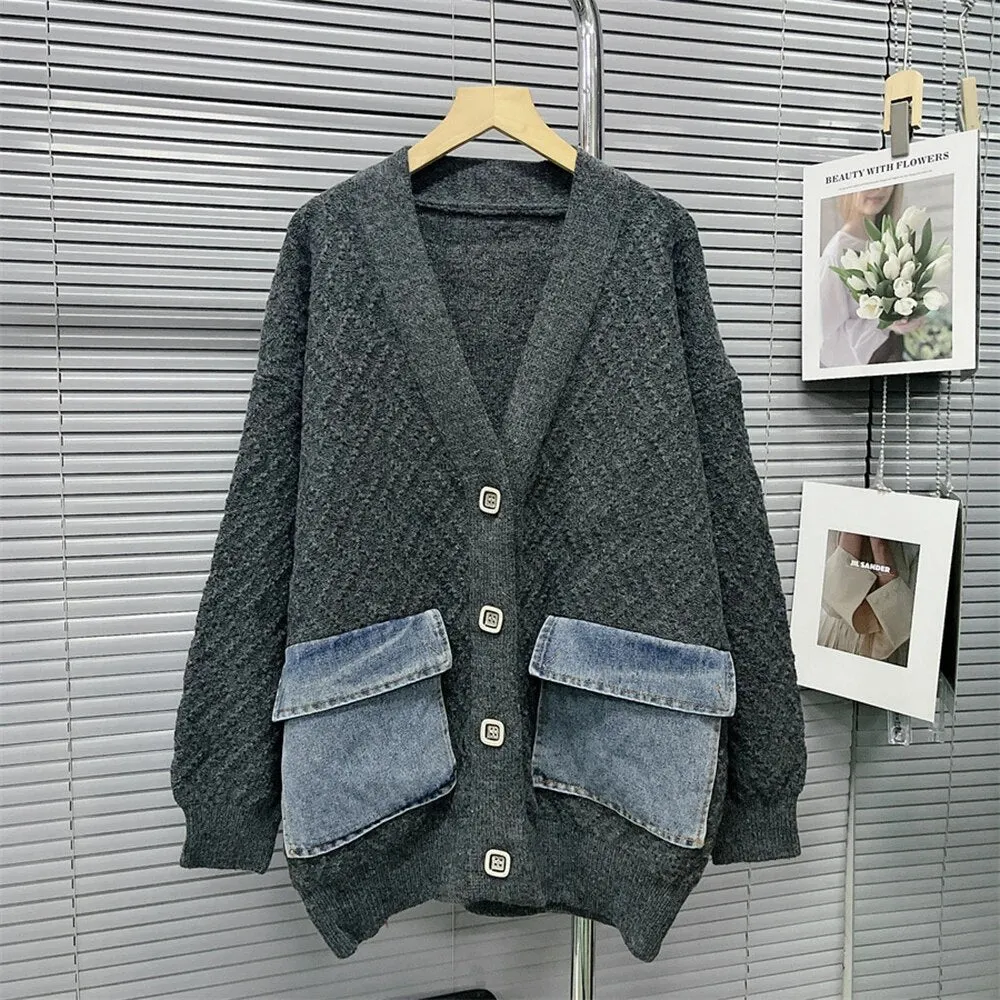 Colorblock Patchwork Pockets Kniting Sweaters For Women V Neck Long Sleeve Spliced Single Breasted Sweater Female