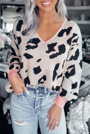 Contrast Trimmed V Neck Leopard Sweater