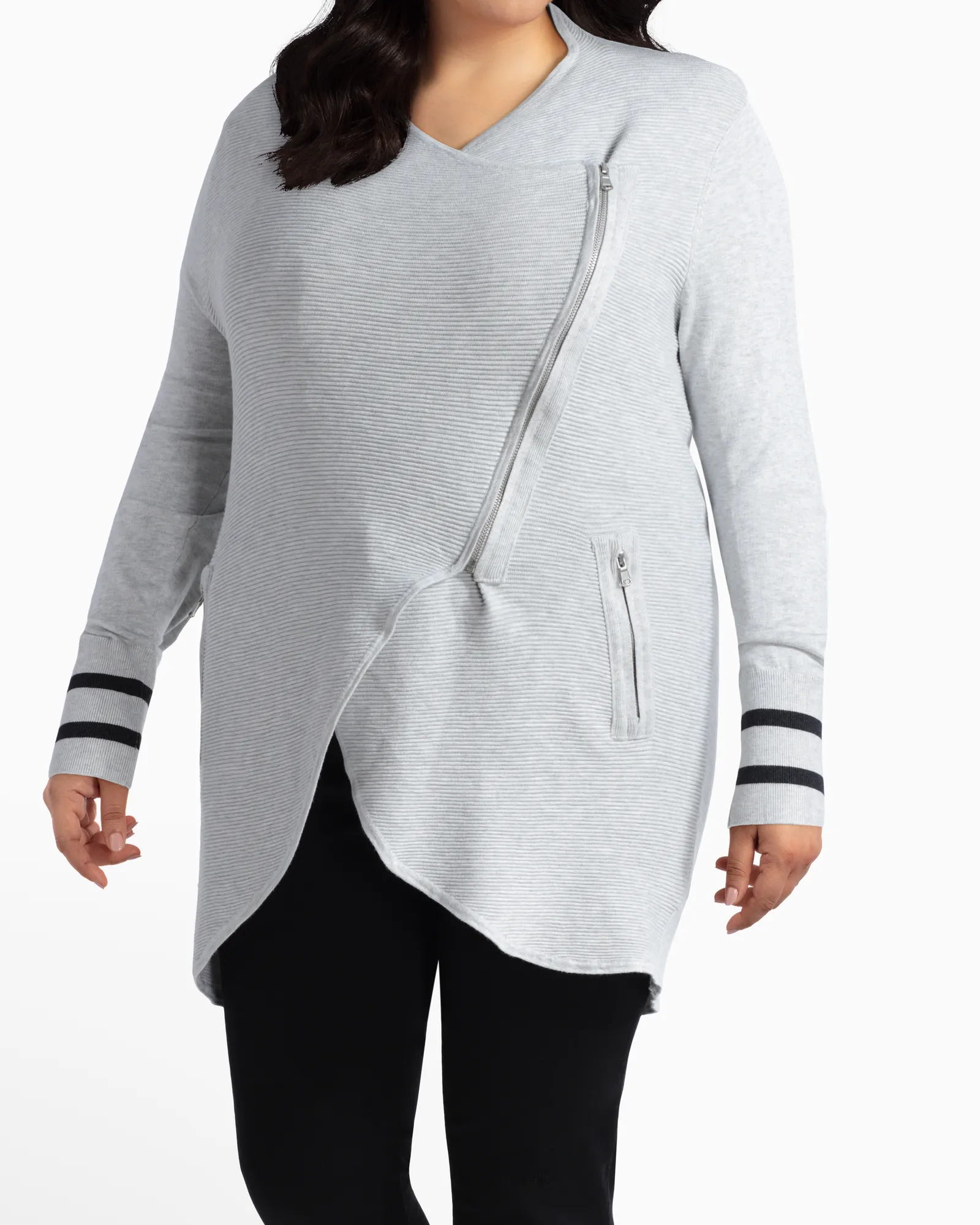 Daisy Asymmetrical Zip Cardigan | Light Grey / Black