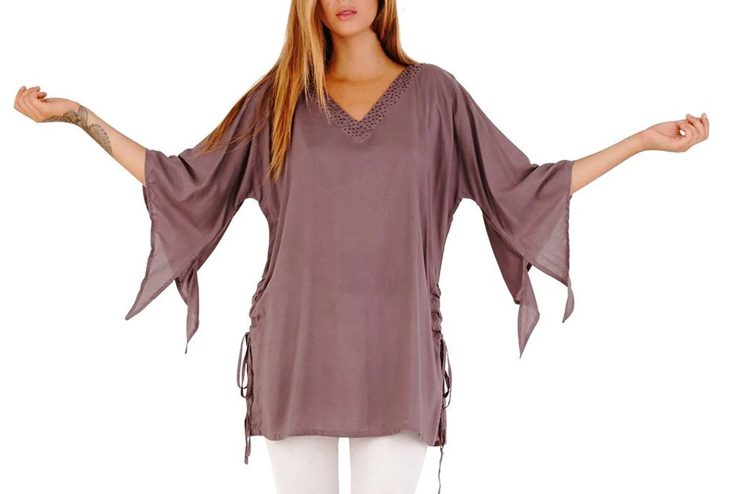 Deidra Beaded V-Neck Tunic Top