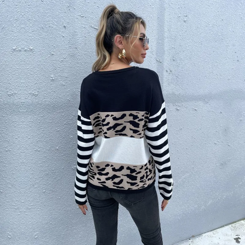 Fashion Leopard Wholesale Sweaters Colorblock Loose Casual Style