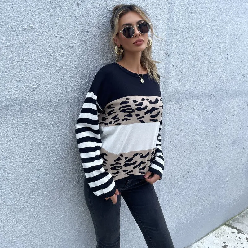 Fashion Leopard Wholesale Sweaters Colorblock Loose Casual Style