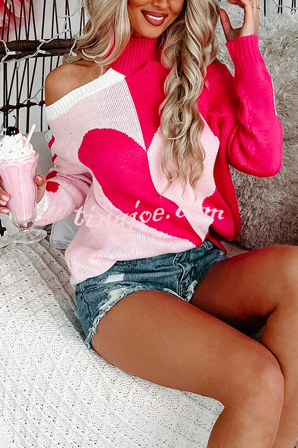 Fashionable Contrasting Heart-shaped Off-shoulder Long-sleeved Loose Sweater