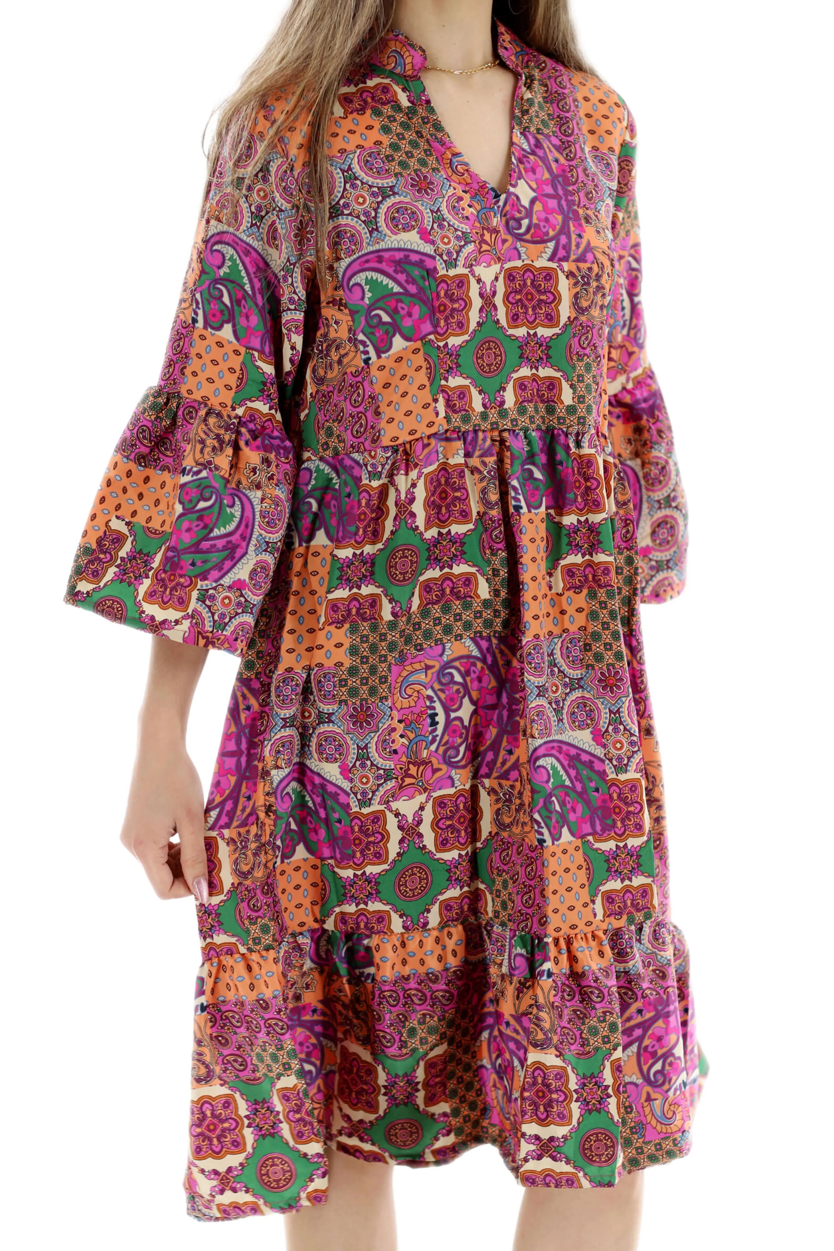 Flowy Paisley "Capri" Above Knee Dress Pink Multi