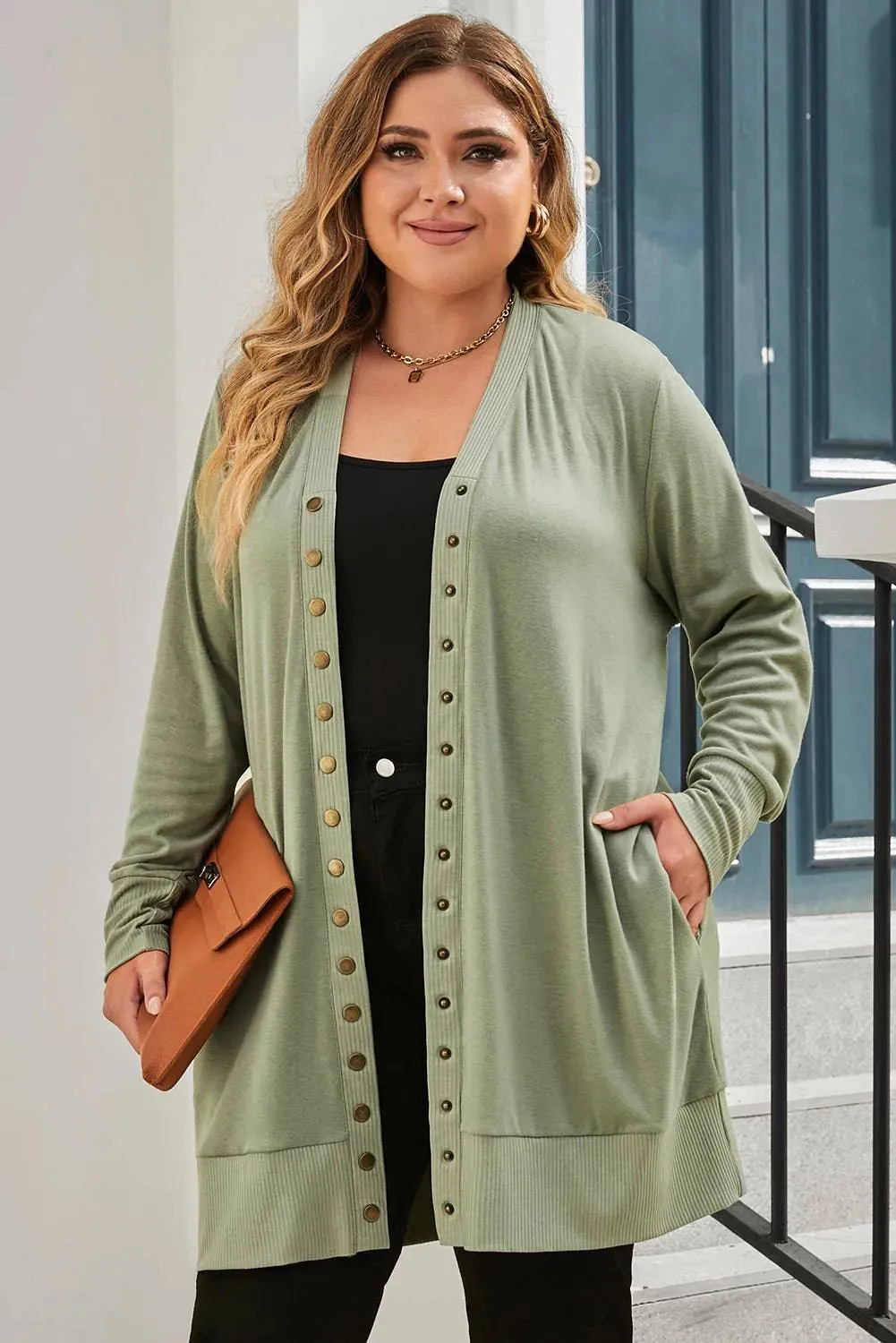 Green Knit Plus Size Cardigan with Snap Buttons