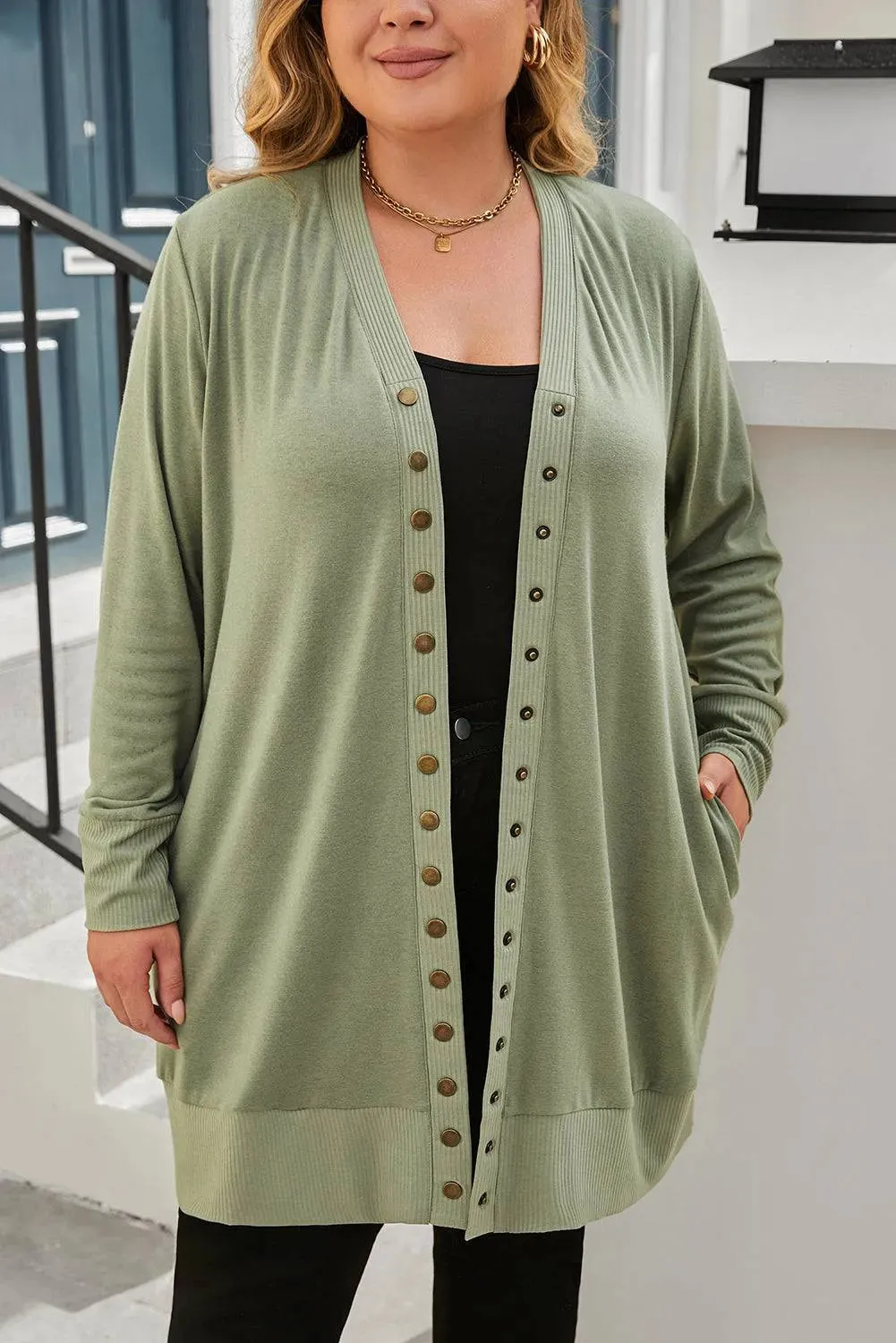 Green Knit Plus Size Cardigan with Snap Buttons