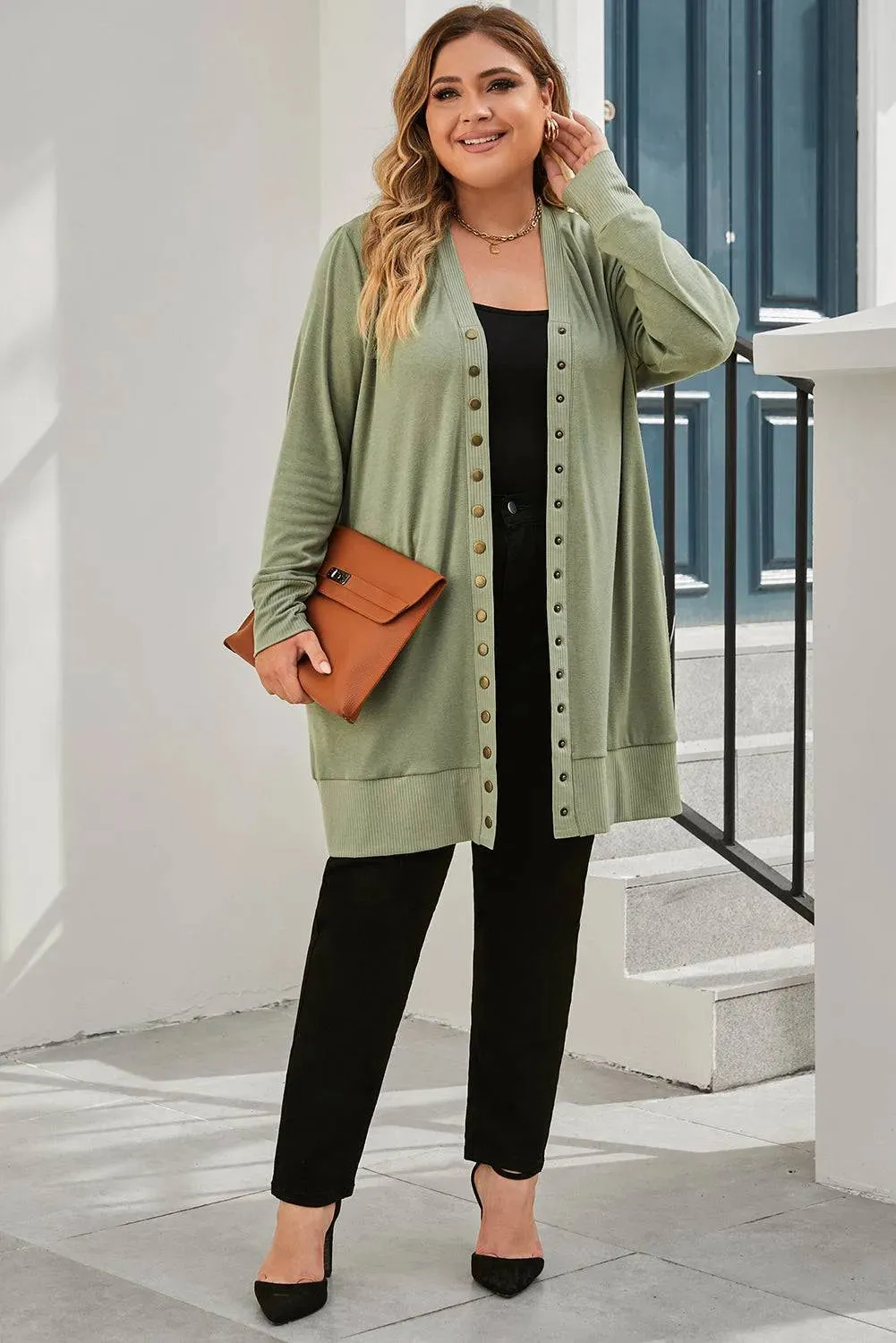 Green Knit Plus Size Cardigan with Snap Buttons