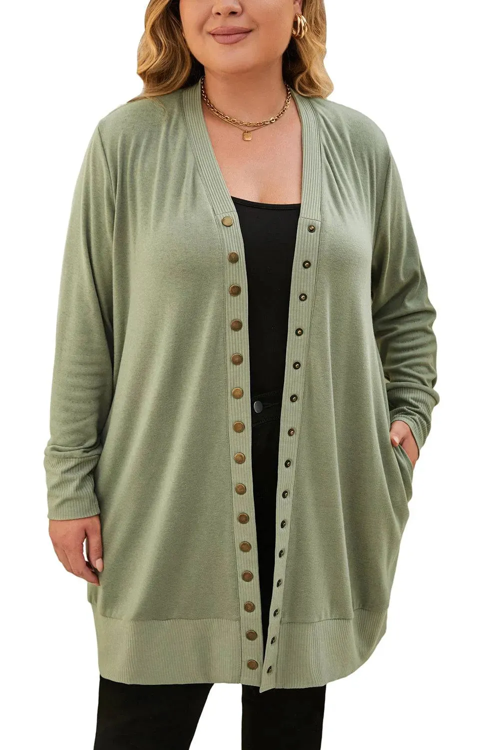 Green Knit Plus Size Cardigan with Snap Buttons