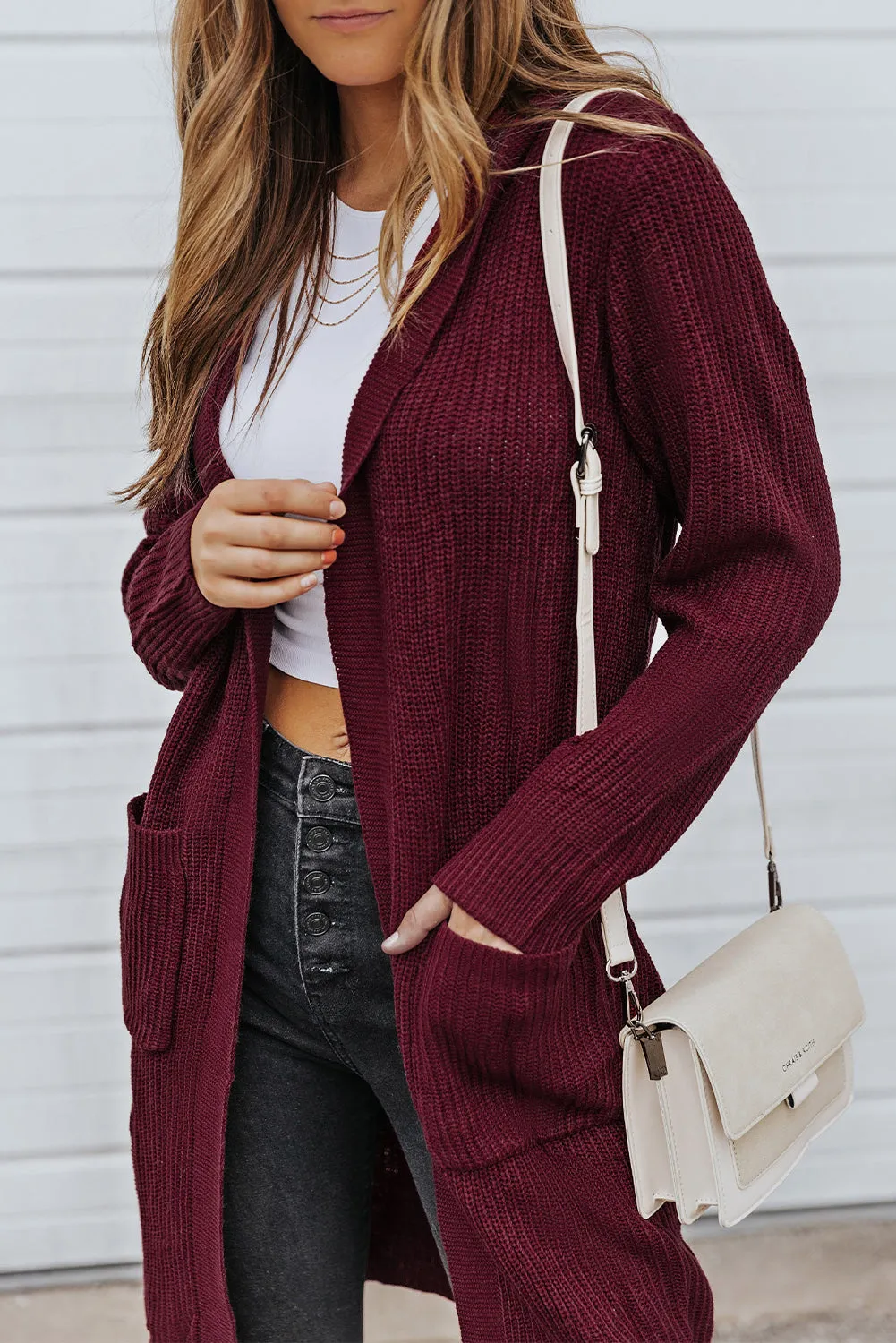 Hooded Pockets Open Front Knitted Cardigan