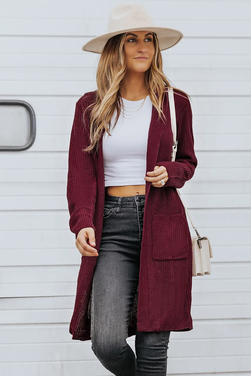 Hooded Pockets Open Front Knitted Cardigan