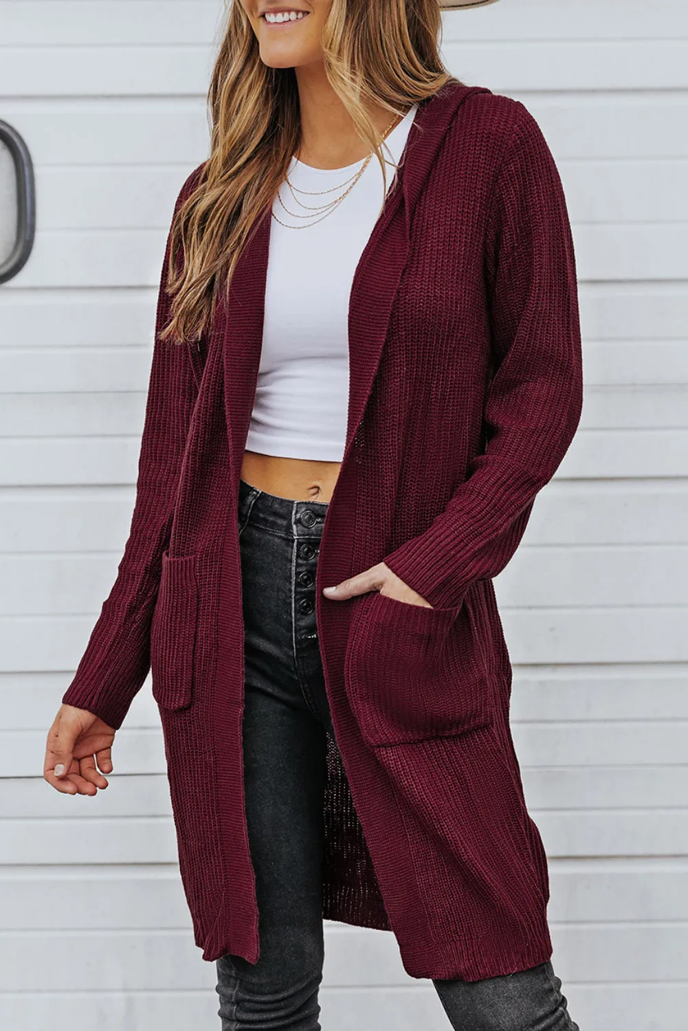 Hooded Pockets Open Front Knitted Cardigan