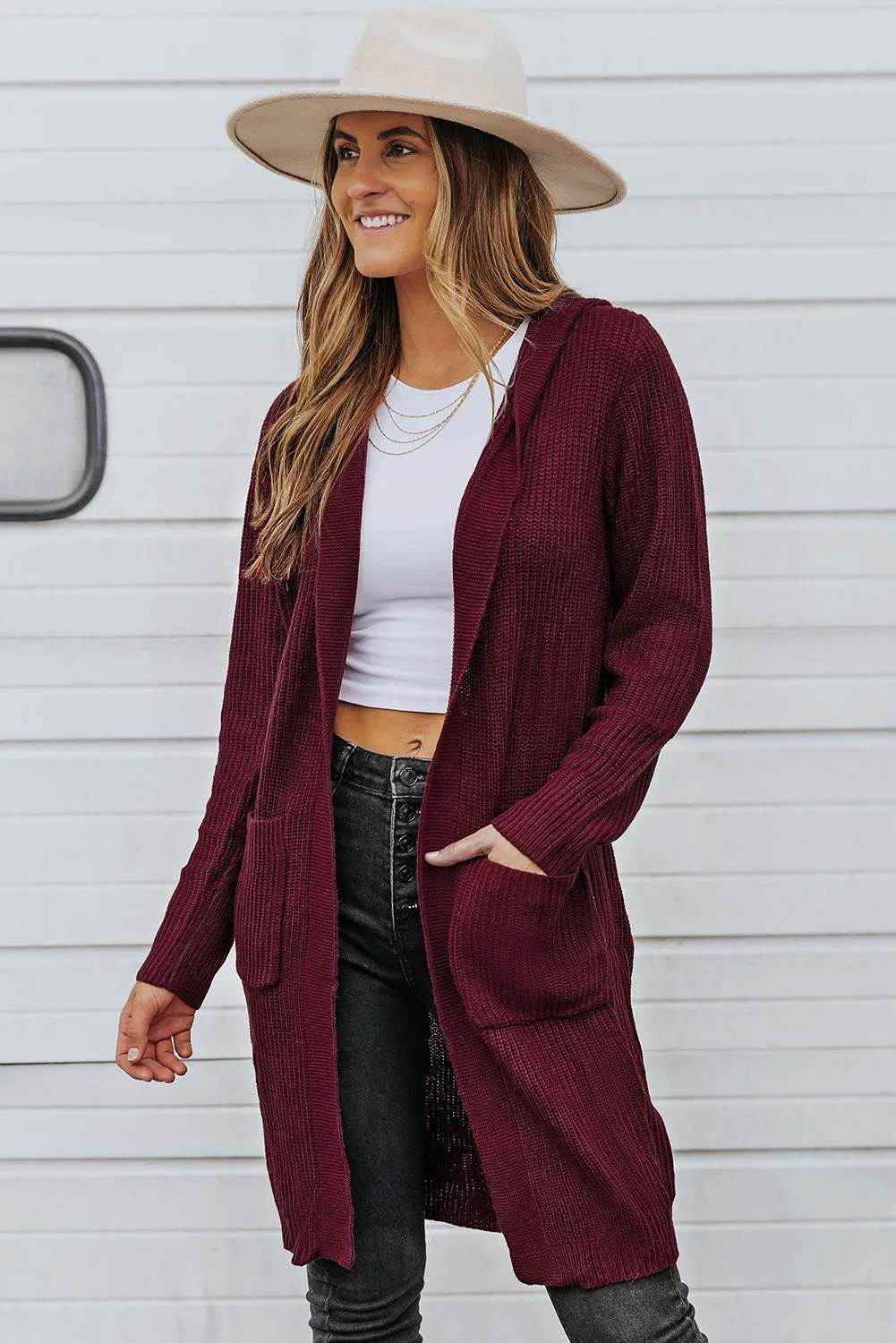 Hooded Pockets Open Front Knitted Cardigan