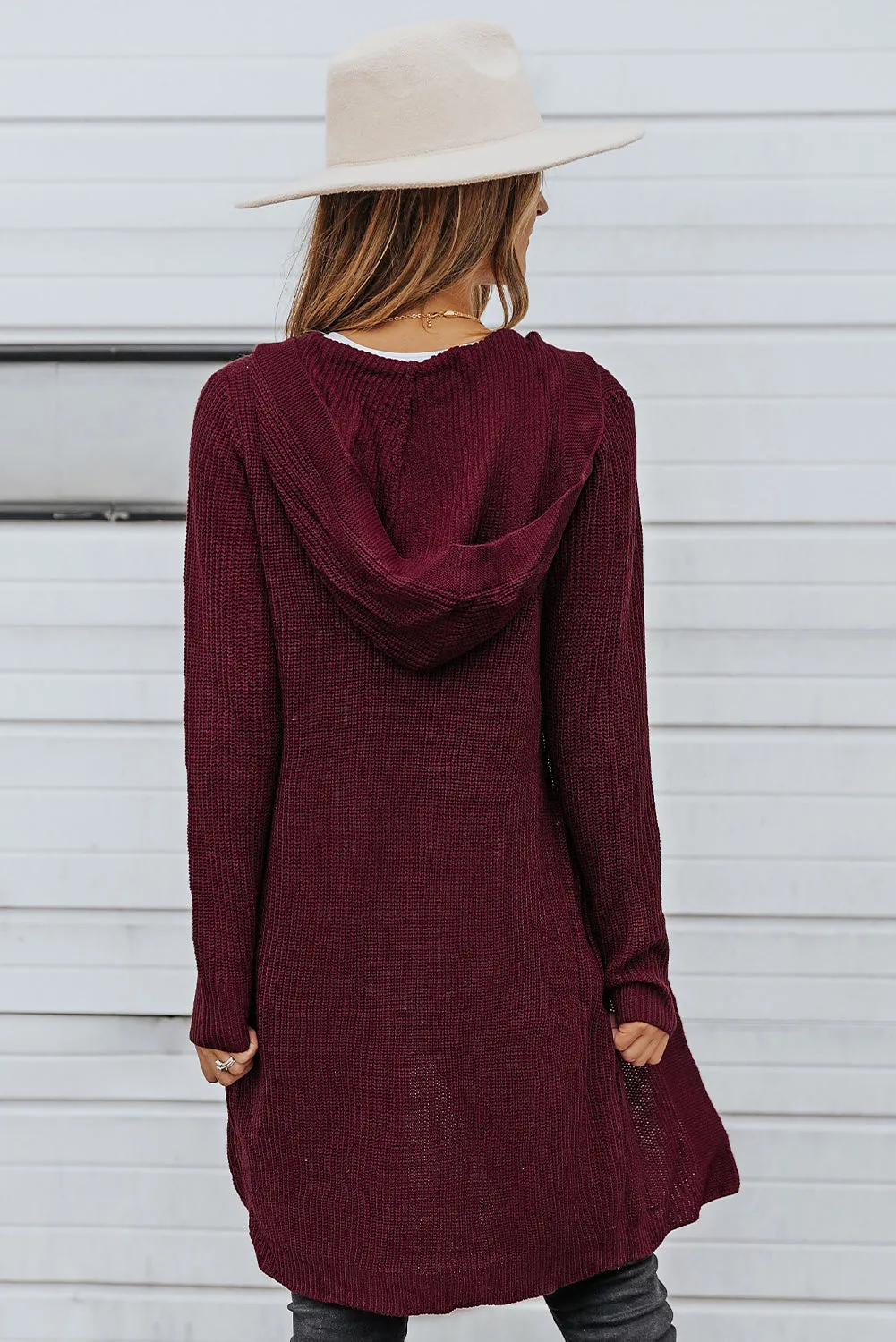 Hooded Pockets Open Front Knitted Cardigan