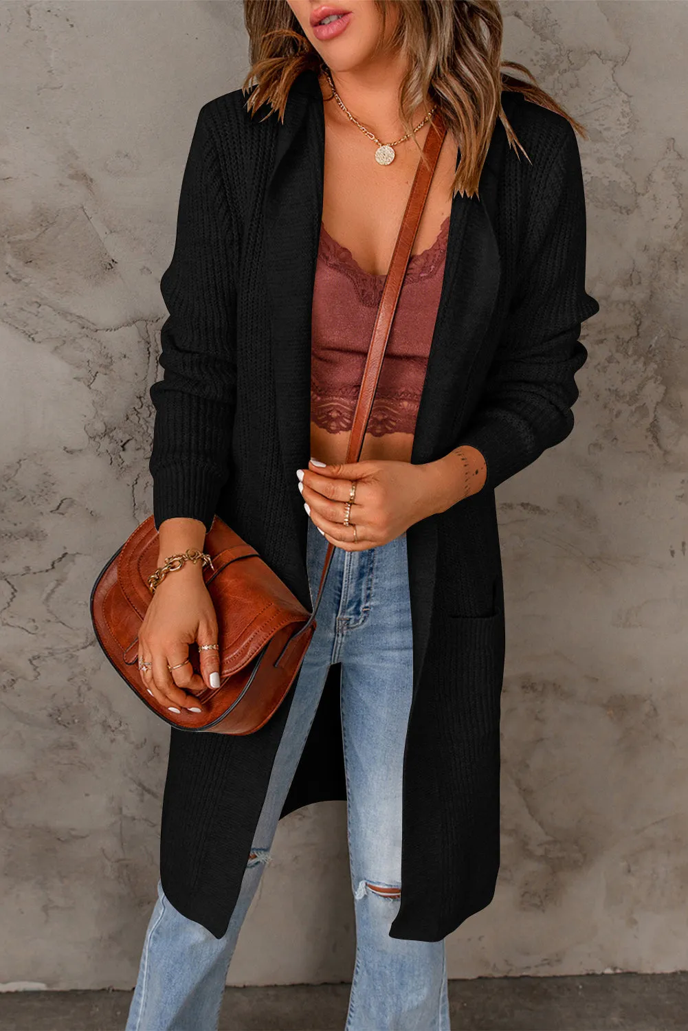 Hooded Pockets Open Front Knitted Cardigan