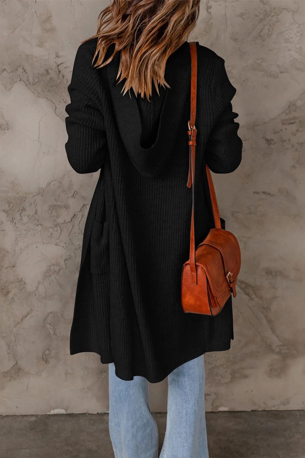 Hooded Pockets Open Front Knitted Cardigan