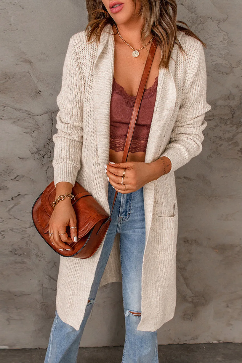 Hooded Pockets Open Front Knitted Cardigan