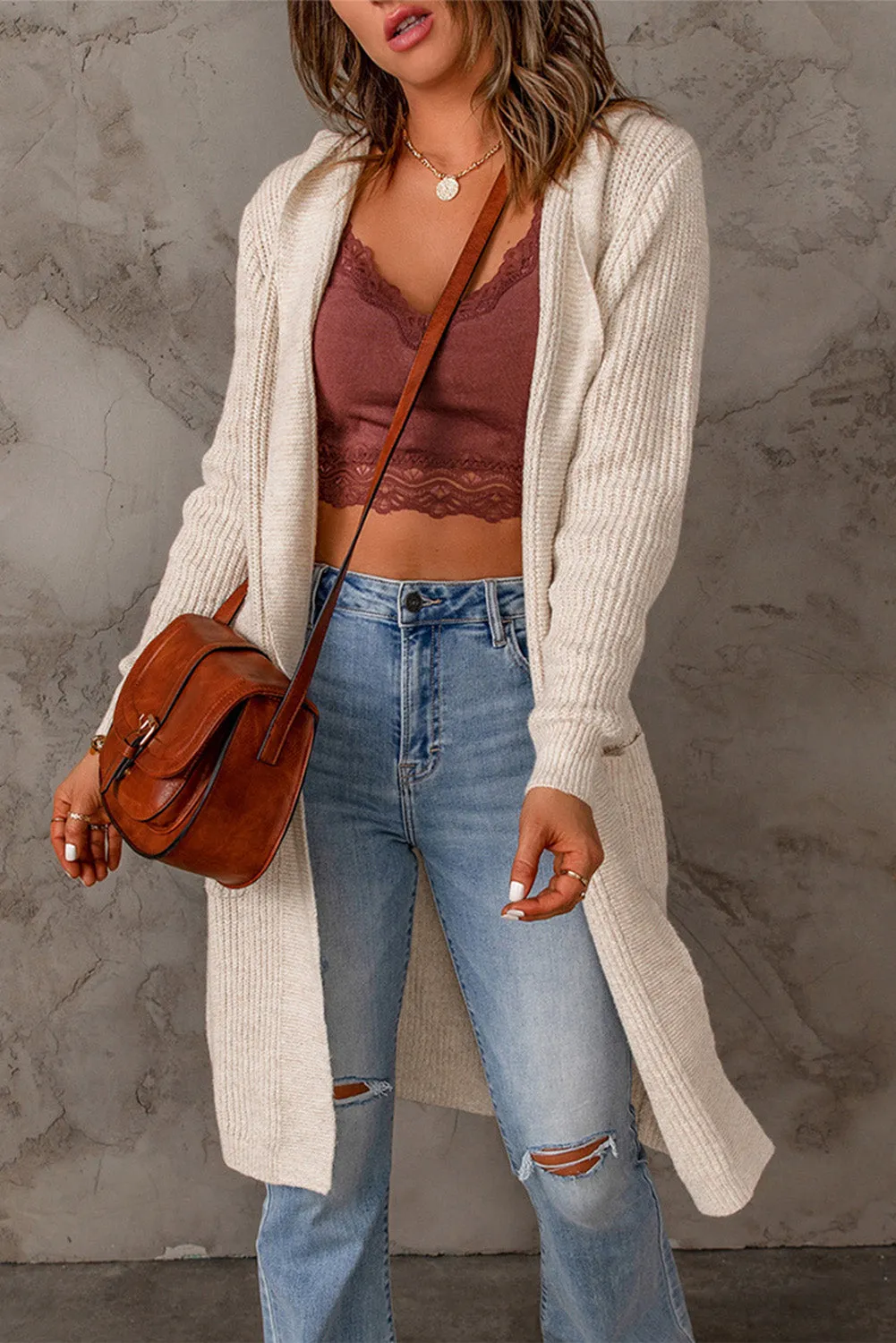 Hooded Pockets Open Front Knitted Cardigan