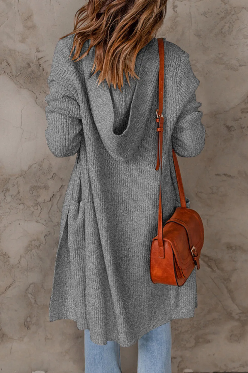 Hooded Pockets Open Front Knitted Cardigan