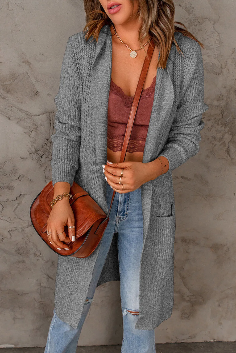 Hooded Pockets Open Front Knitted Cardigan