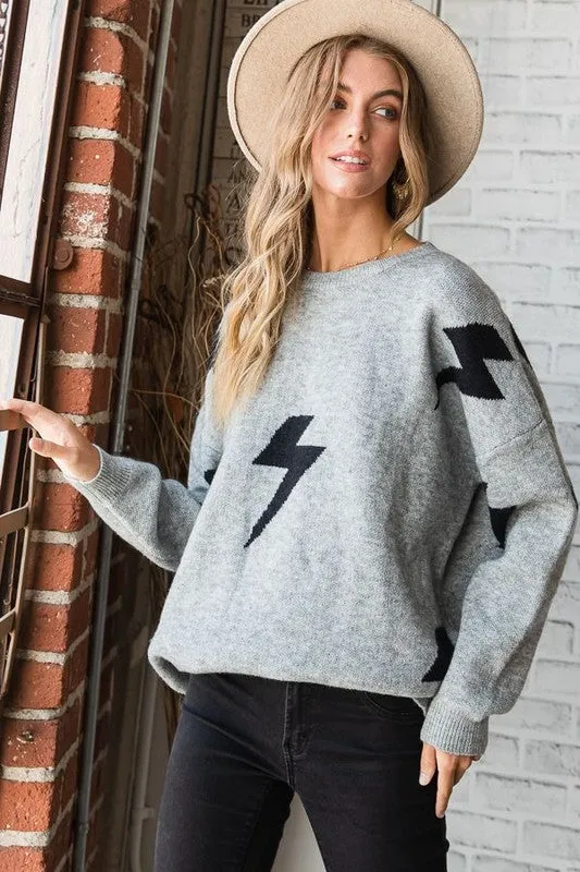 JADE BY JANE Women's Long Sleeves Crew Neck Sweater with Lightning Bolt Print