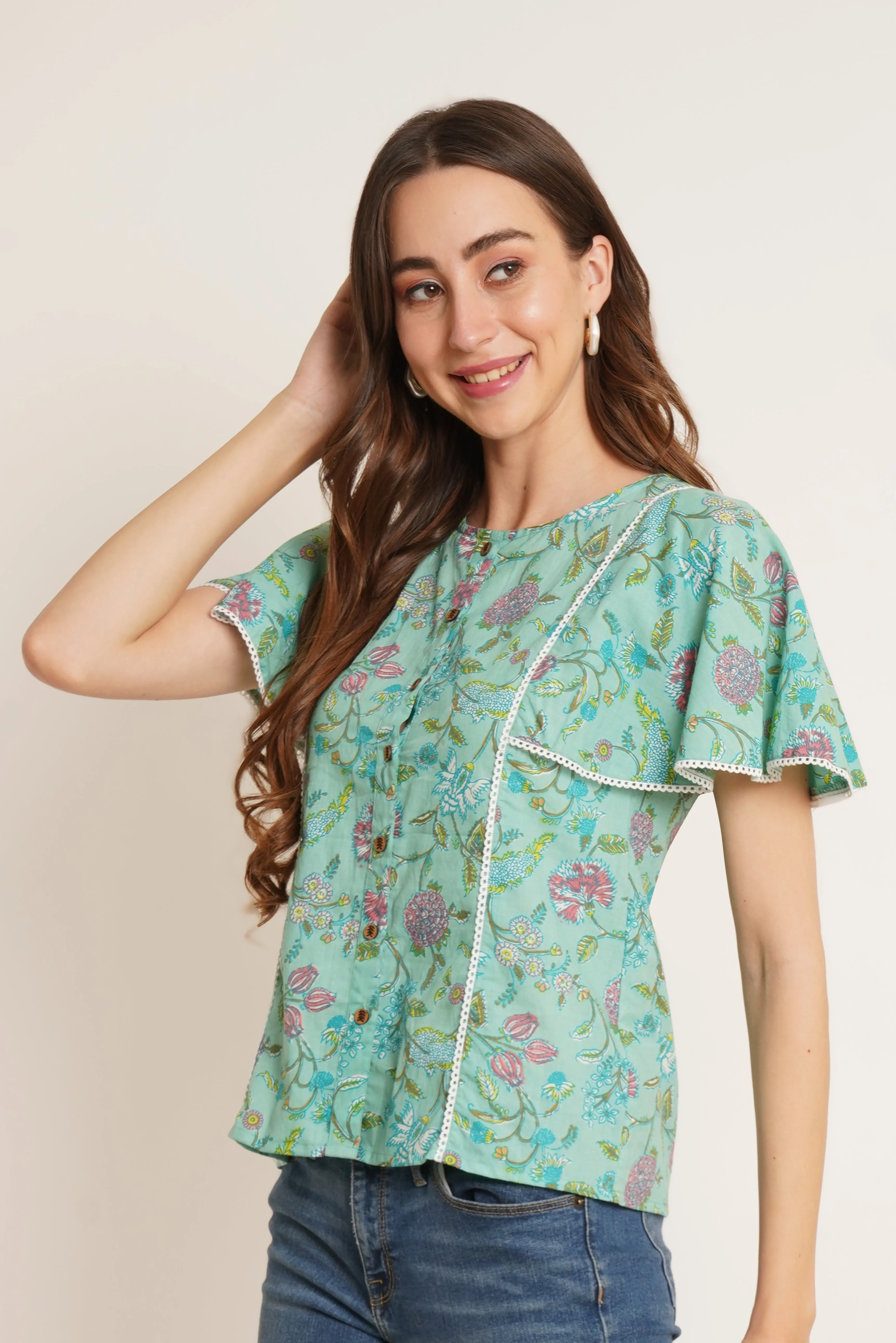 Jaipuri Style Flutter Sleeves Cotton Top for Women