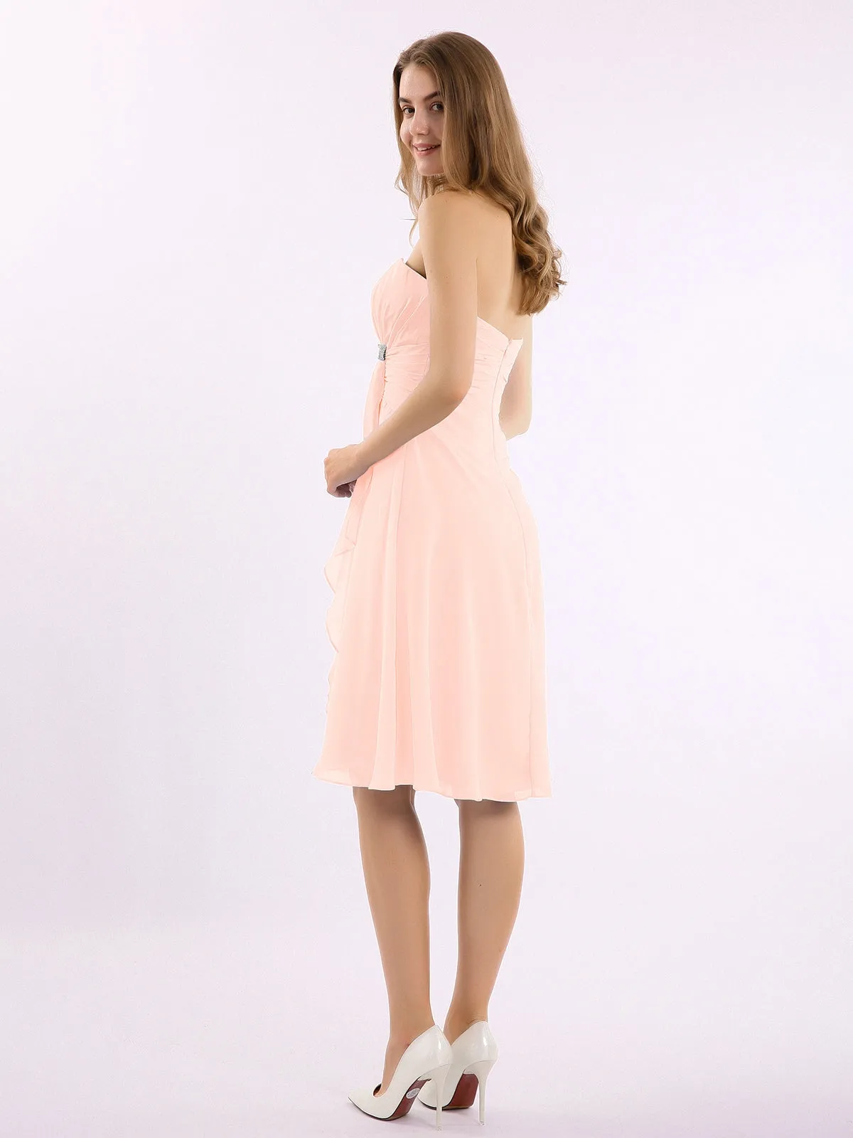 Knee Length Chiffon Dress with Sweetheart Neck-Pearl Pink