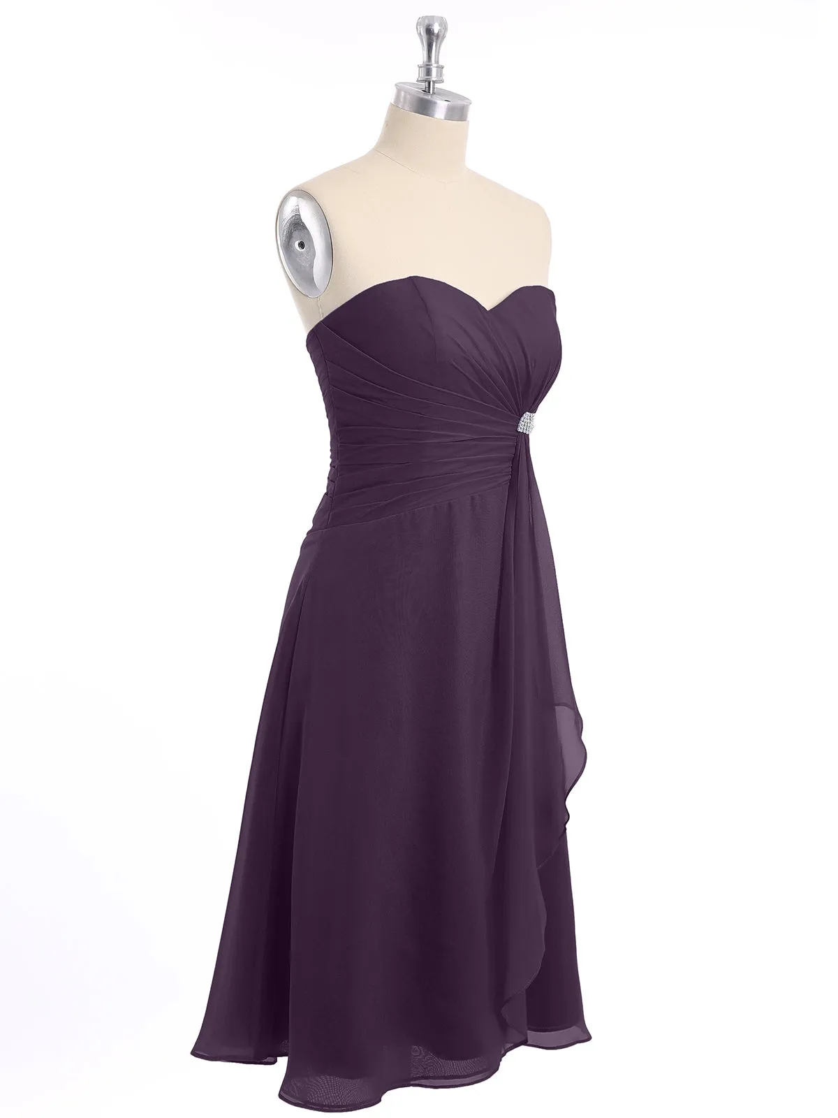 Knee Length Chiffon Dress with Sweetheart Neck-Plum