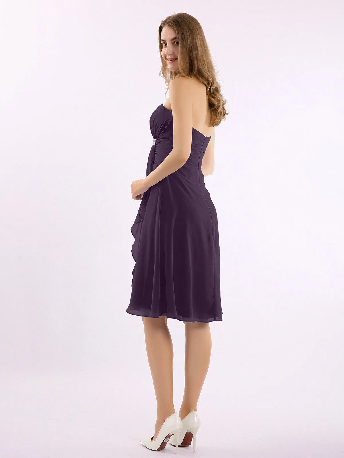 Knee Length Chiffon Dress with Sweetheart Neck-Plum