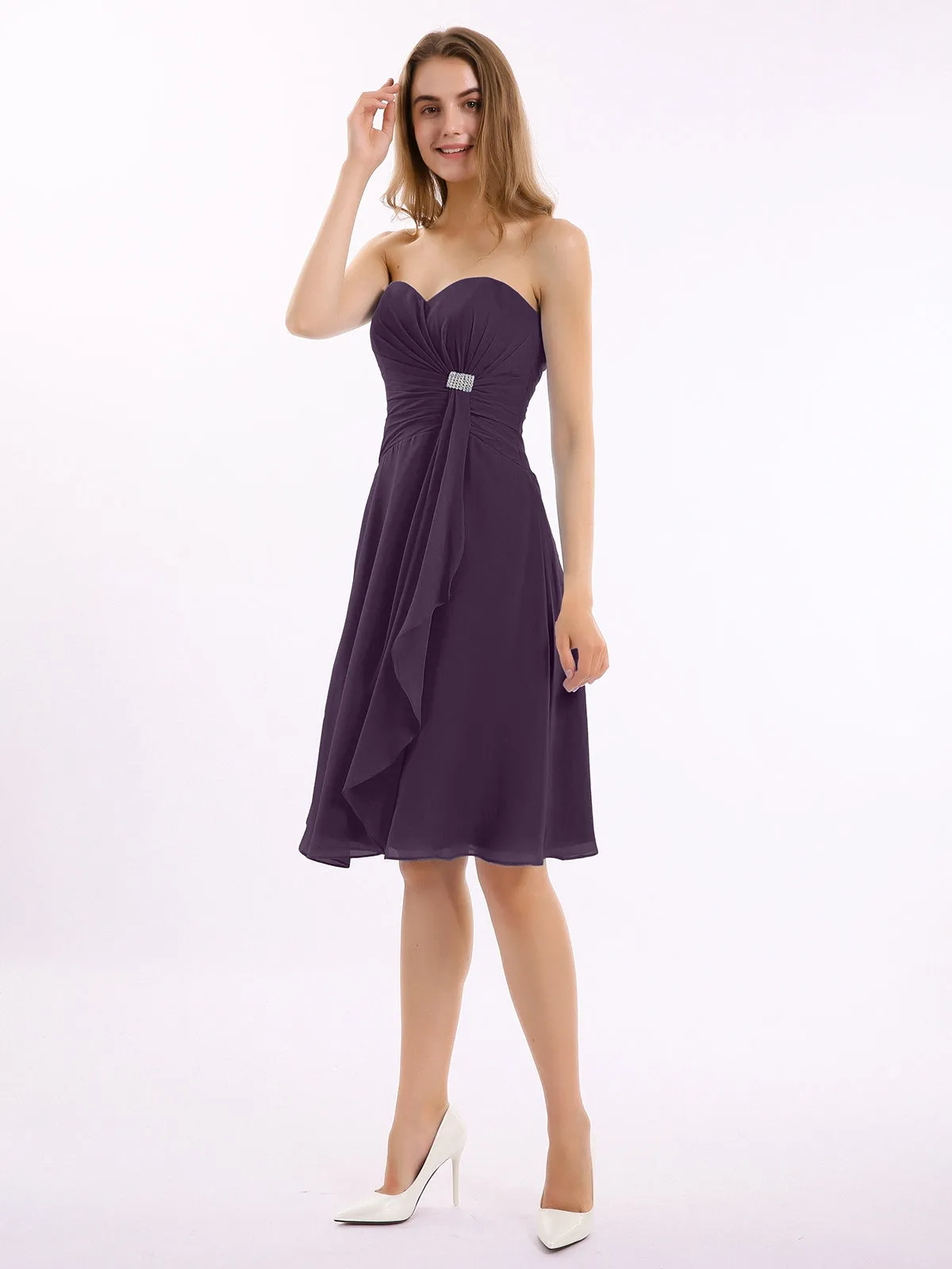 Knee Length Chiffon Dress with Sweetheart Neck-Plum